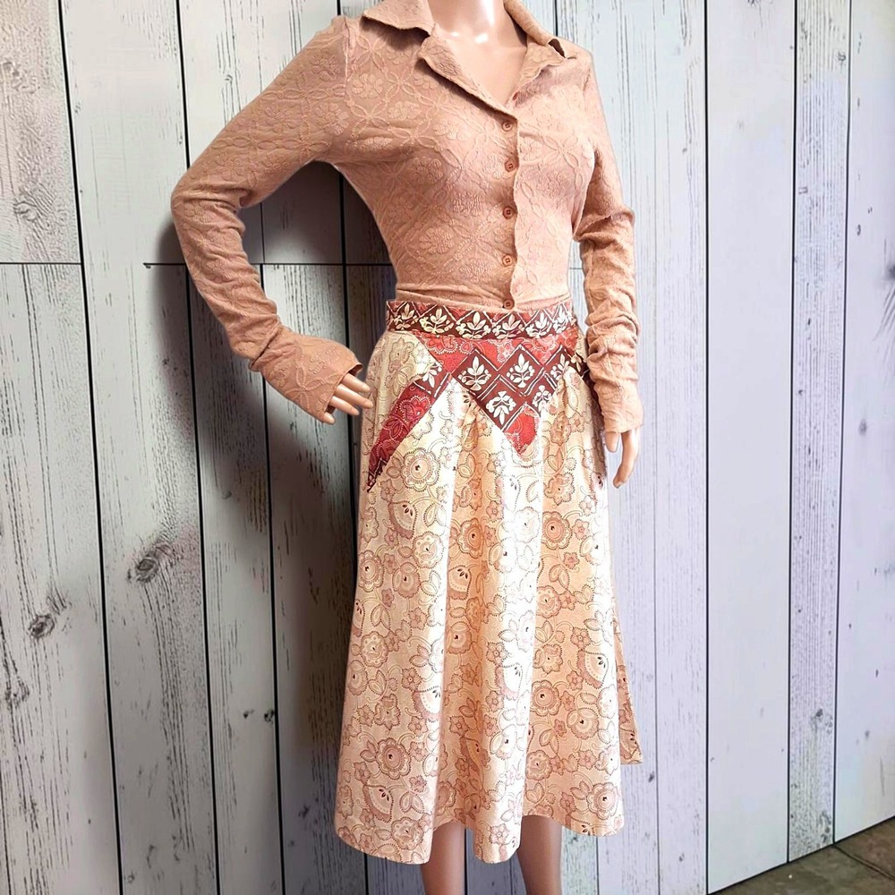Vintage 70s Tattoo of California Midi Skirt  Prairie Basque Yoke A-Line S / 26